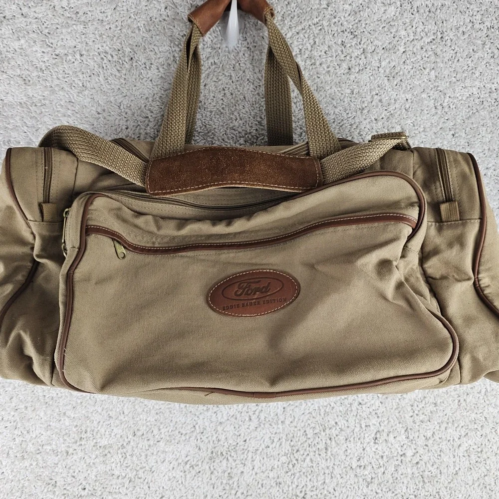 Vintage Eddie Bauer Edition Ford Duffle Bag Canvas SafariLeather Khaki Beige